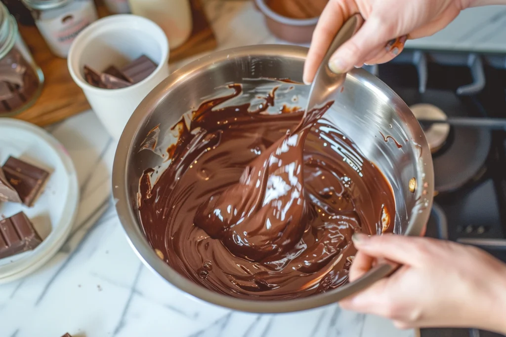 Top-down view of a double boiler melting dark and milk chocolate, with hands stirring the smooth chocolate in a cozy, sunlit kitchen.