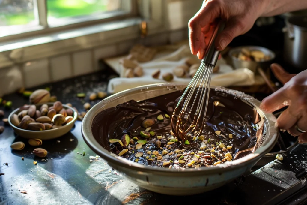 Dubai chocolate bar : A bowl of smooth, melted chocolate being whisked by hands, with chopped pistachios and almonds next to it, set in a neat, sunlit kitchen.