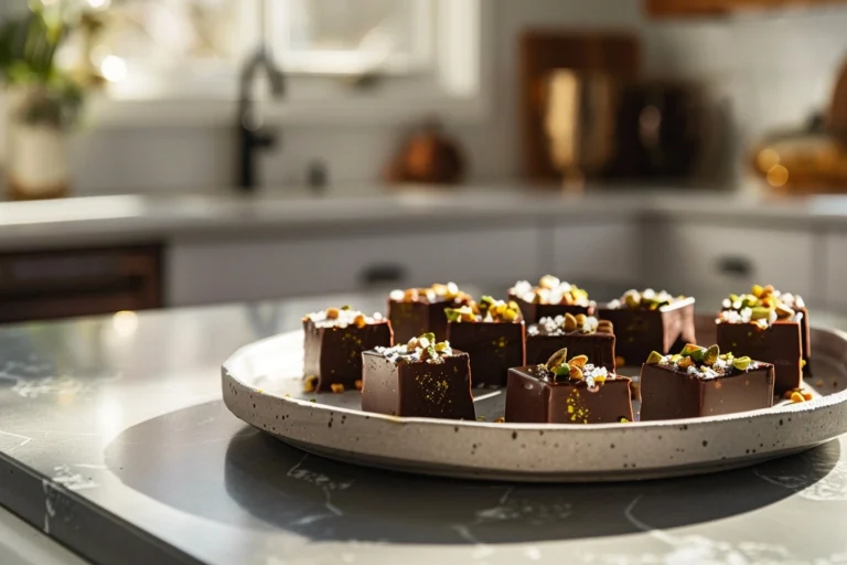 A plate of perfectly cut chocolate cubes topped with sea salt, edible gold leaf, and chopped pistachios, arranged on a clean countertop in a warm, sunlit kitchen
