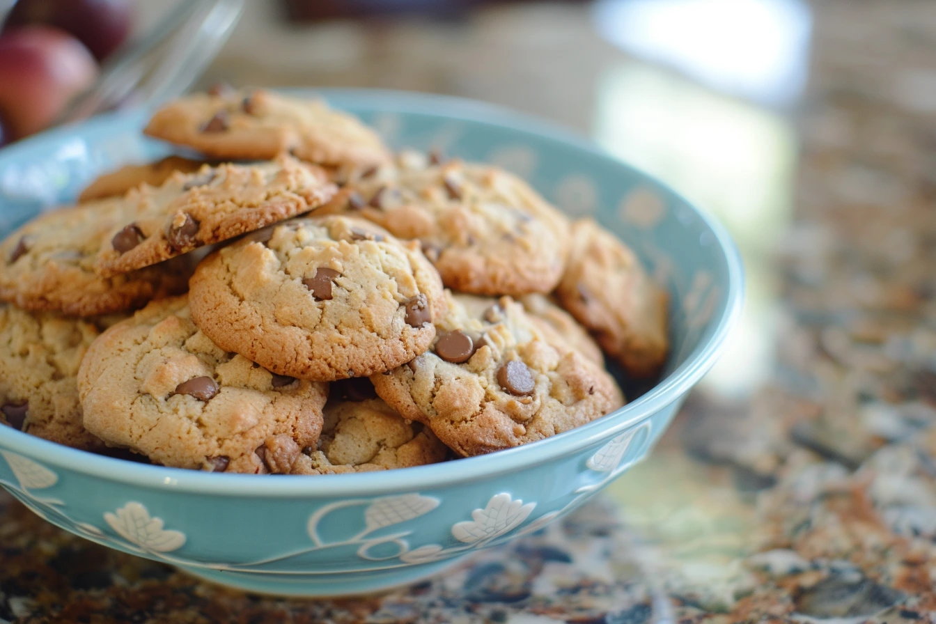 A bowl of freshly baked, golden-brown protein cookies with chocolate chips, sitting on a cozy kitchen countertop.

