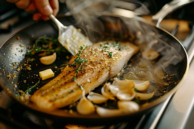 Branzino fillet cooking skin-side down in a skillet with garlic, herbs, and butter.