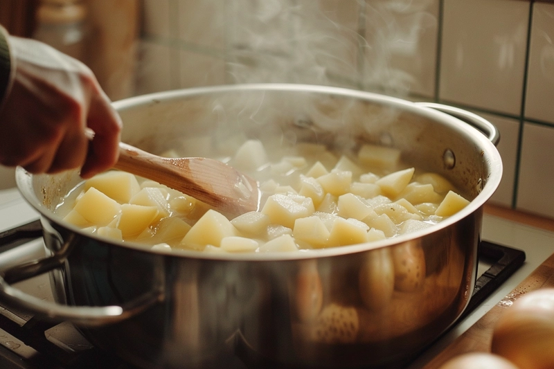 Benignis potato soup recipe simmering in a pot with steam rising