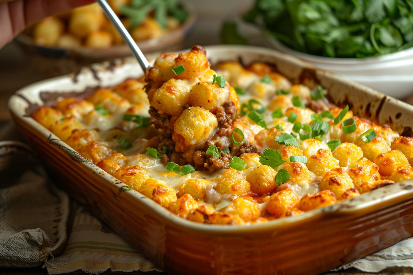 A rustic baking dish filled with golden-brown tater tots, melted cheese, and a hearty beef mixture, garnished with fresh green onions.