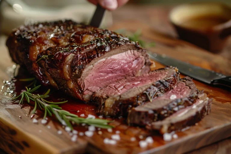 Sliced ribeye roast resting on a wooden cutting board, garnished with rosemary and salt, with a bowl of gravy nearby.