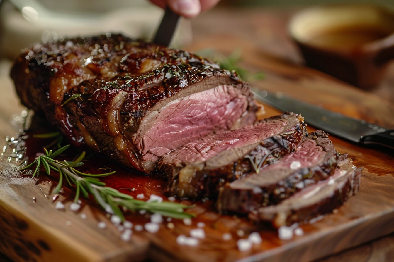 Sliced ribeye roast resting on a wooden cutting board, garnished with rosemary and salt, with a bowl of gravy nearby.