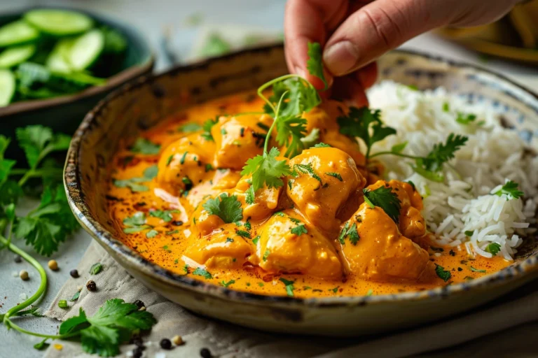 A rustic ceramic plate with vibrant yellow Churu Chicken Amarillo, garnished with fresh coriander, served with rice and cucumber salad in a cozy, naturally lit kitchen.