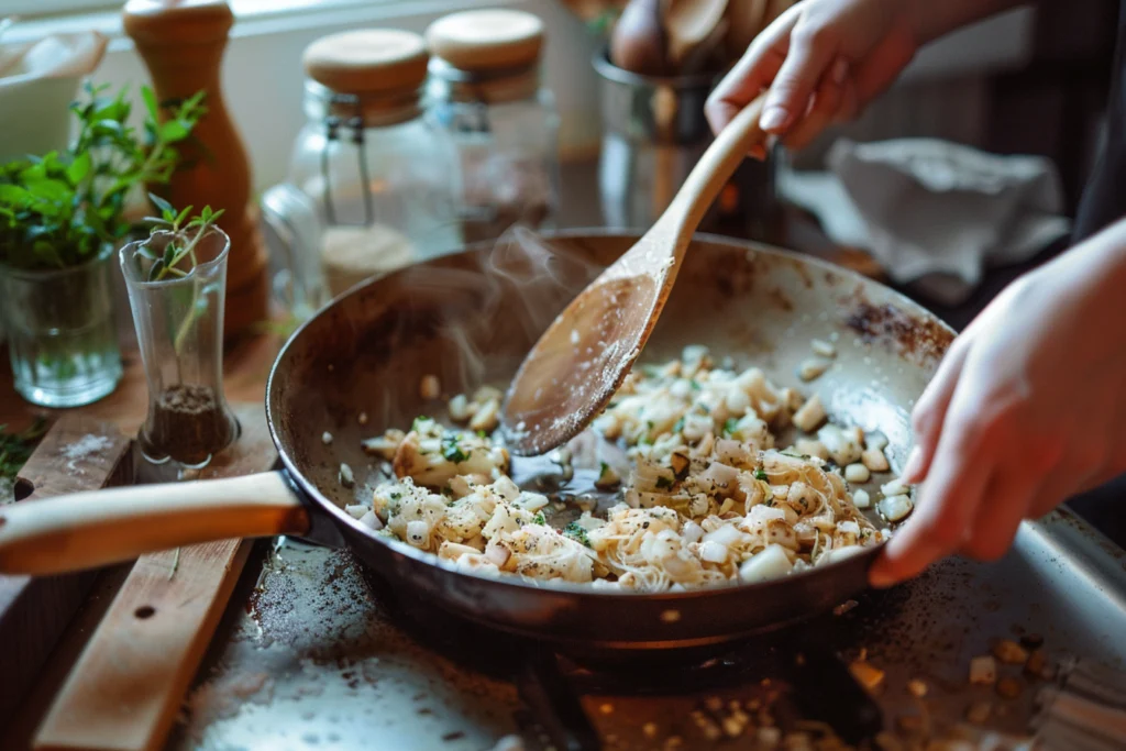 A rustic skillet sizzling with golden-brown lion’s mane mushrooms, garlic, and thyme, as a home cook stirs them with a wooden spoon.
