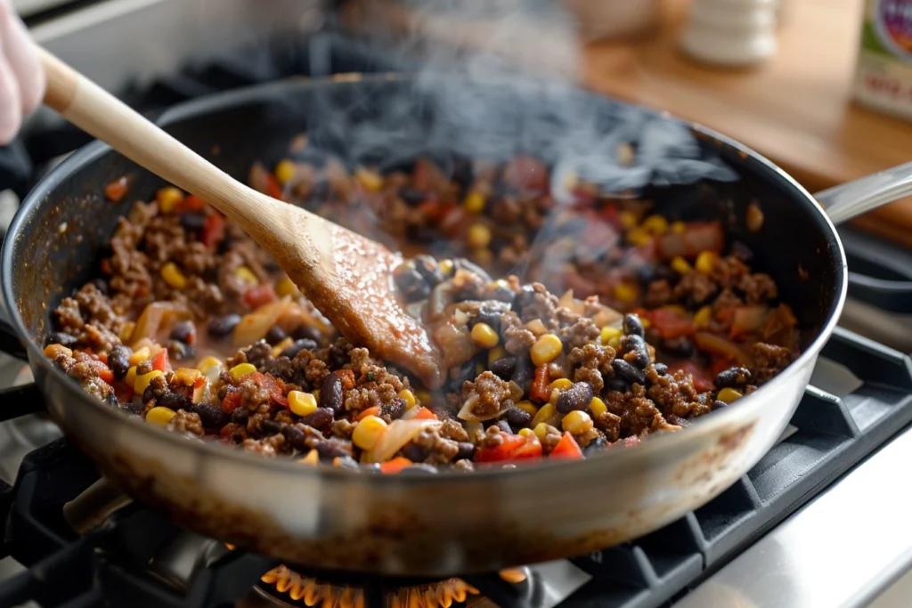 A home cook stirs browned ground beef and onions in a skillet, with black beans and corn ready to be added. Steam rises as the mixture cooks.