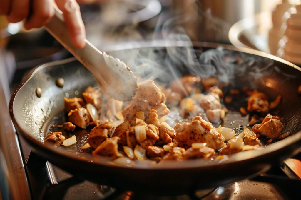 A sizzling pan of browned onions, garlic, and ginger, with marinated chicken pieces searing to a golden hue, coated in turmeric, cumin, coriander, and chili powder.