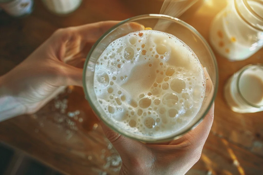 Aerated cold milk in a transparent glass, creating a light, creamy foam. Tiny bubbles form as the milk transforms, with cinnamon and caramel syrup in the softly blurred background.