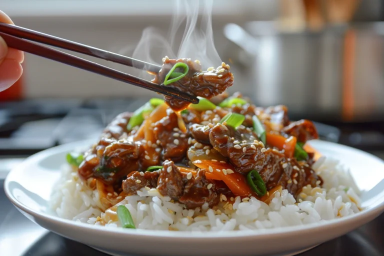 A steaming plate of caramelized beef stir-fry with vegetables, garnished with sesame seeds and green onions, chopsticks lifting a piece.