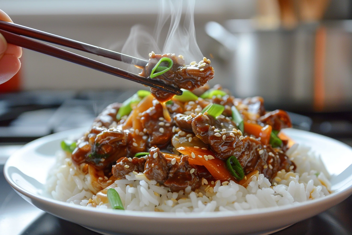 A steaming plate of caramelized beef stir-fry with vegetables, garnished with sesame seeds and green onions, chopsticks lifting a piece.