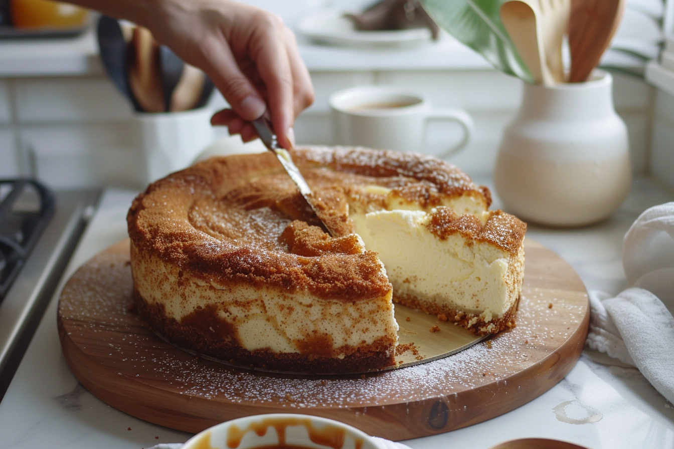 Hands slicing a churro cheesecake on a wooden board, showing the creamy inside and crispy cinnamon sugar topping, with caramel sauce nearby.