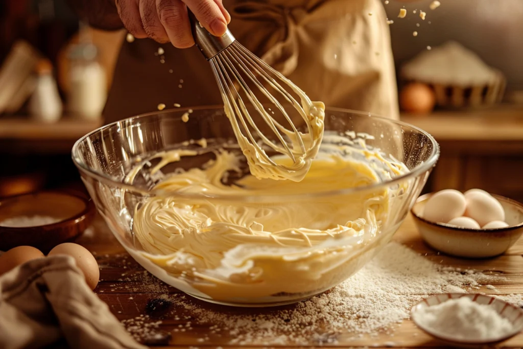 Hands whisking creamy cheesecake filling in a glass mixing bowl, with ingredients like sugar, vanilla extract, and eggs on a wooden countertop.