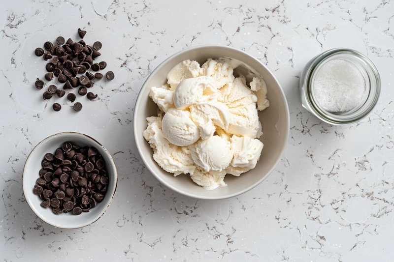 Three main ingredients for the best homemade Eskimo Pie popsicle recipe on a ceramic kitchen counter