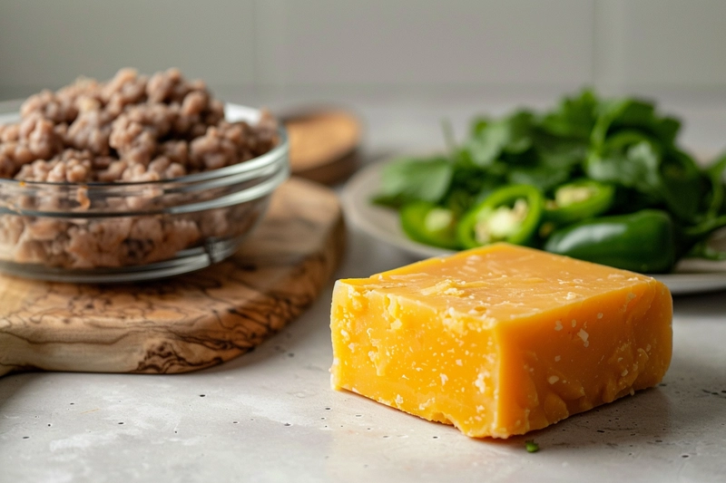 Three main ingredients for smoked queso recipe on a ceramic kitchen counter: Velveeta cheese, ground sausage, and diced jalapeños.