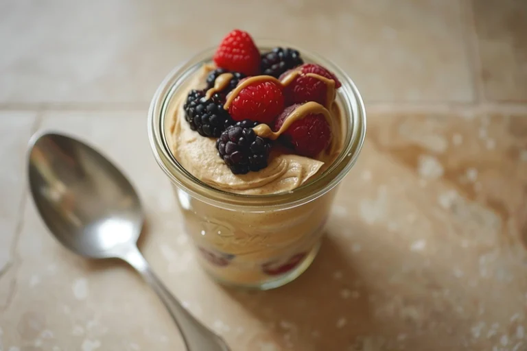 Finished protein pudding in a glass jar topped with berries and nut butter