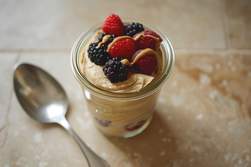 Finished protein pudding in a glass jar topped with berries and nut butter