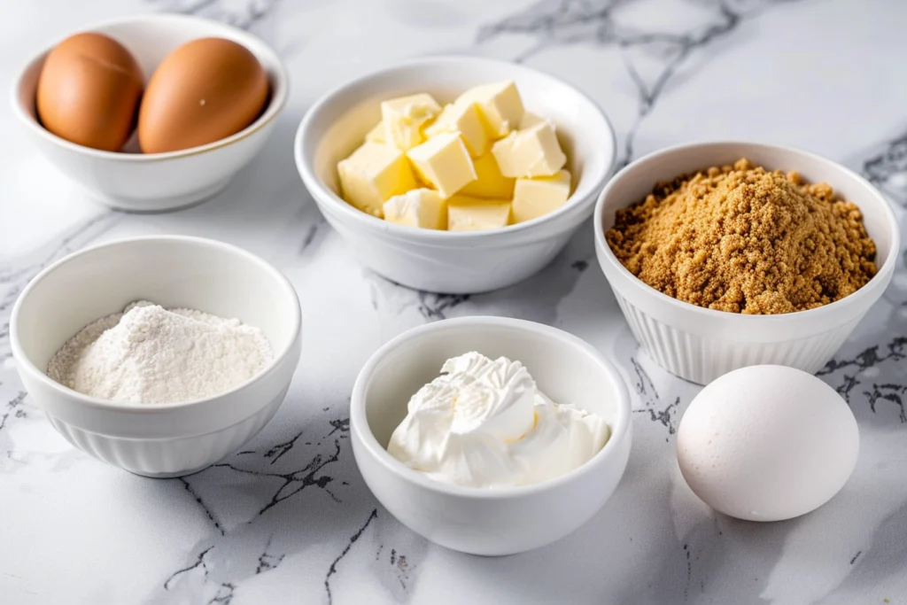 Ingredients for churro cheesecake recipe arranged in white bowls on a ceramic kitchen counter, including graham cracker crumbs, butter, sugar, sour cream, and eggs.
