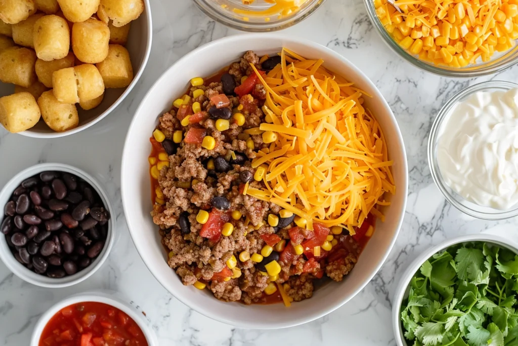 A close-up for cowboy casserole recipe ingredients, top-down view of three ceramic bowls filled with raw ground beef, black beans, and corn on a modern ceramic countertop.