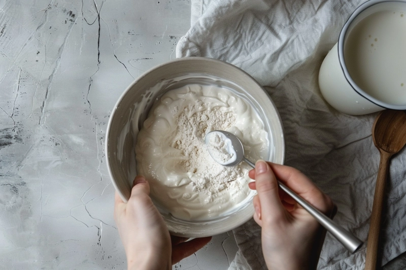 Mixing Greek yogurt, protein powder, and milk in a ceramic bowl for protein pudding recipe