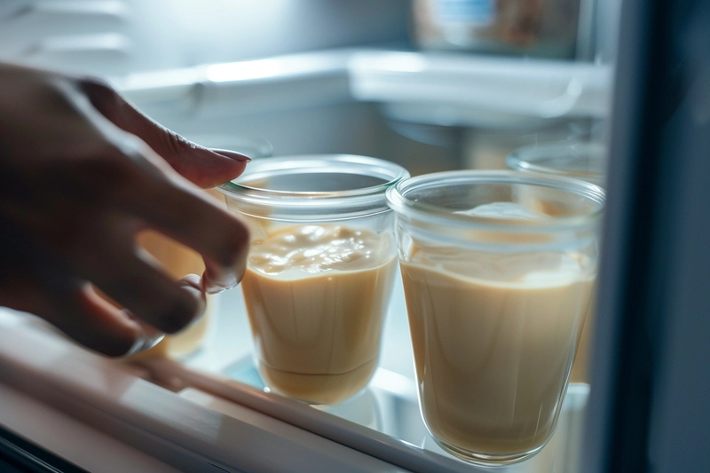 Placing jars of protein pudding mixture into the fridge to chill