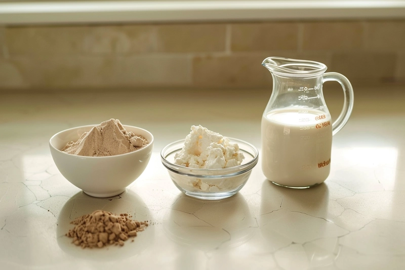 Main ingredients for protein pudding recipe including Greek yogurt, protein powder, and milk on a ceramic kitchen counter
