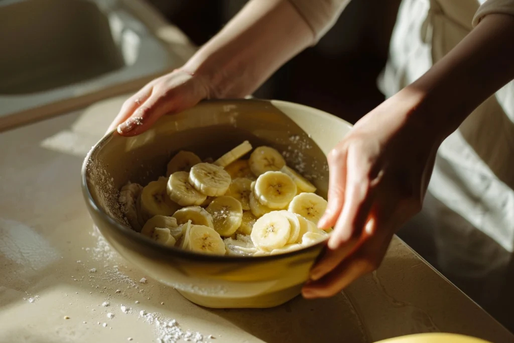 Hands mashing ripe bananas in a bowl for 2 banana bread recipe prep