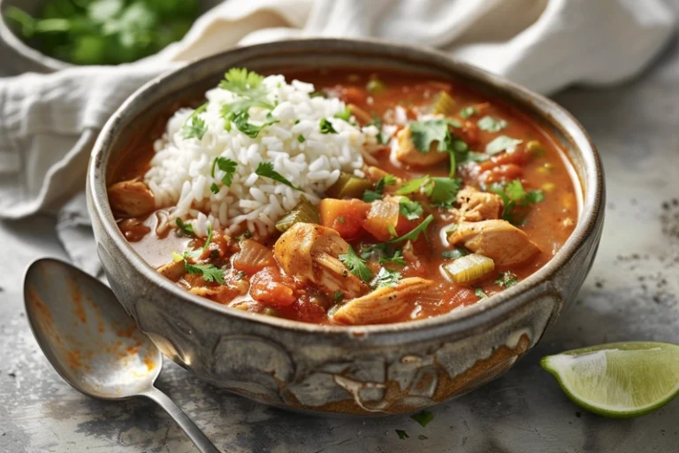 Bowl of finished Chopt spicy chicken soup with rice garnished with cilantro and lime