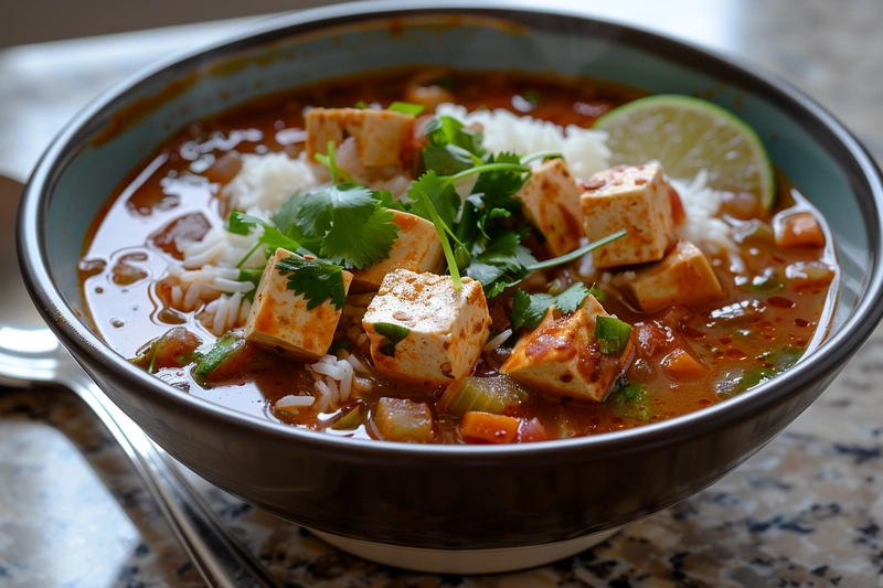 Vegetarian version of Chopt spicy chicken soup recipe with rice using tofu and veggie broth