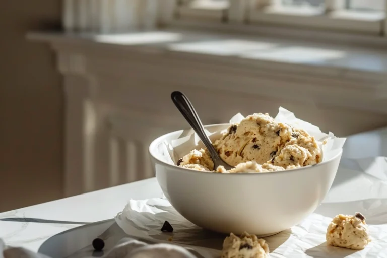 A white bowl filled with protein cookie dough, styled with parchment paper and chocolate chips on a marble counter.