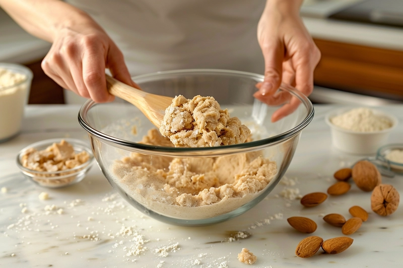 Hands mixing ingredients for a protein cookie dough recipe in a glass bowl on a ceramic counter.