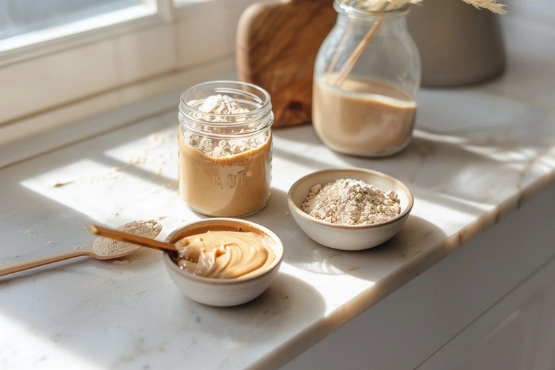 Main ingredients for a protein cookie dough recipe including peanut butter, almond flour, and protein powder on a ceramic kitchen counter.