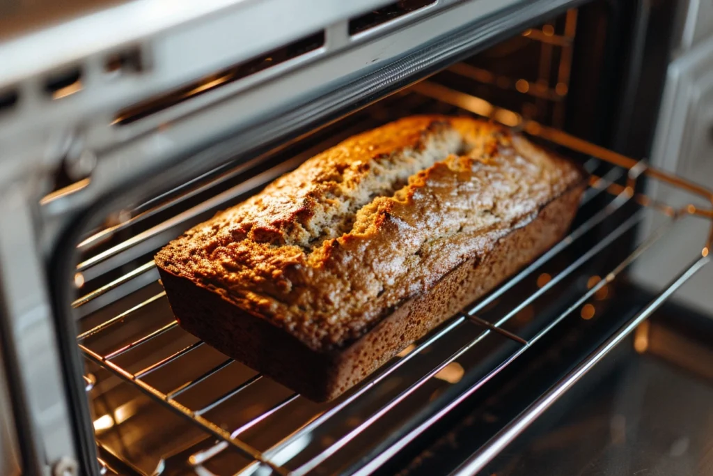 Banana bread baking in oven with golden light, halfway done for 2 banana bread recipe