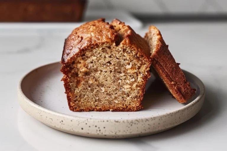 Freshly baked banana bread with one slice pulled forward on a ceramic plate