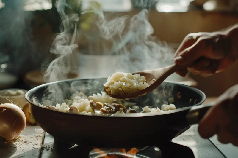 Hands sautéing onions and mushrooms in a skillet, the first step in making langostino mushroom sour cream gravy.