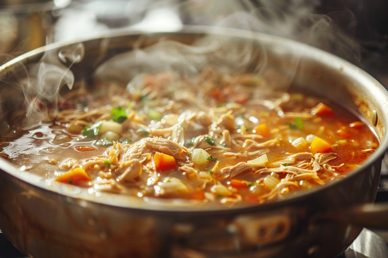 Chopt spicy chicken soup with rice simmering in a pot on the stove