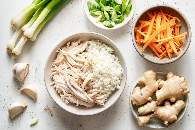 Main ingredients for Chopt spicy chicken soup recipe with rice on a ceramic kitchen counter