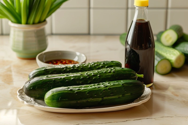 Fresh Persian cucumbers, chili oil, and soy sauce on a ceramic kitchen counter for a viral cucumber salad recipe