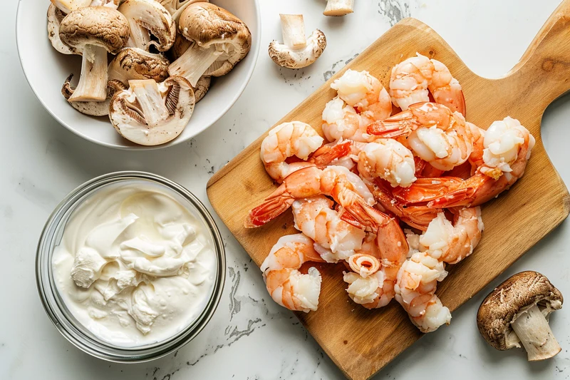 Three main ingredients for langostino mushroom sour cream gravy on a clean ceramic counter: shrimp, mushrooms, and sour cream.
