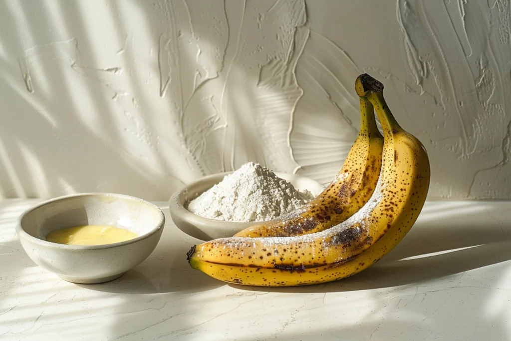 2 Banana bread recipe main ingredients: Ripe bananas, flour, and melted butter on a white ceramic kitchen counter